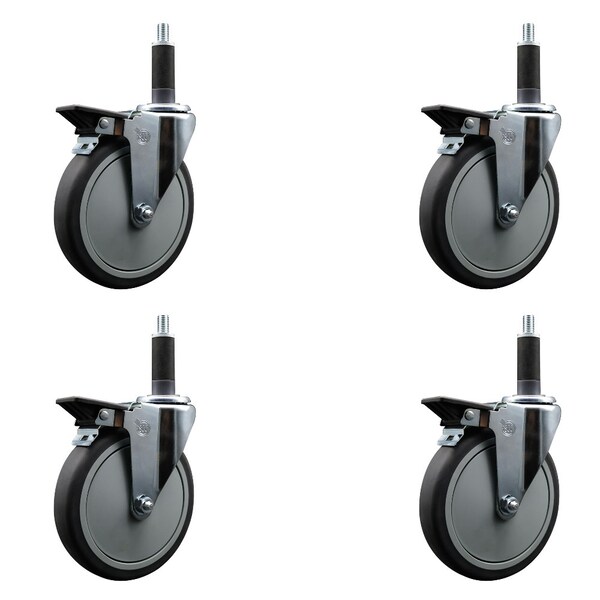 6'' Thermoplastic Rubber Swivel 1'' Expanding Stem Caster Set with Brake, 4PK